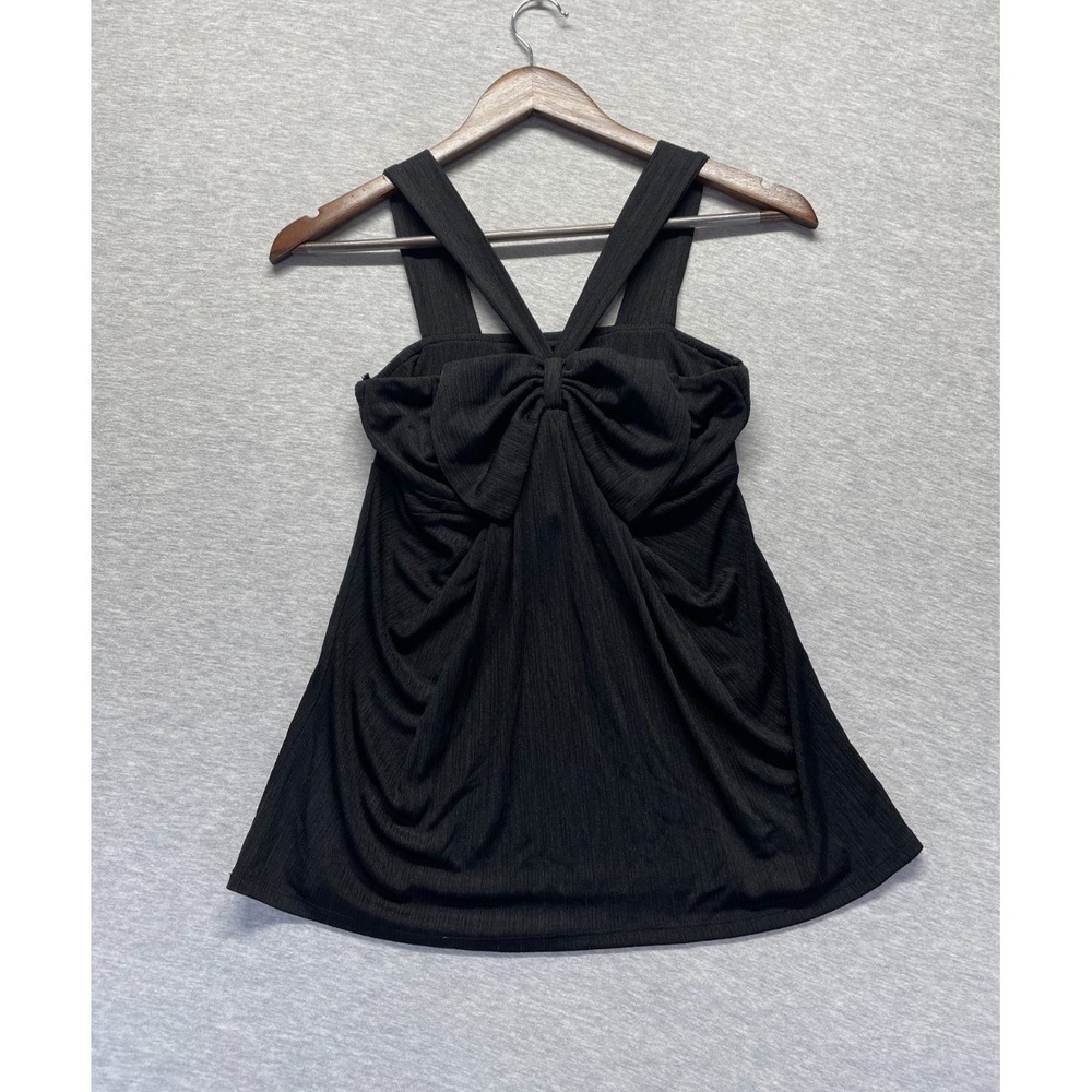 Arden B Tank Top Womens XS Black Textured Stretch Sleeveless Ruched Bow Detail